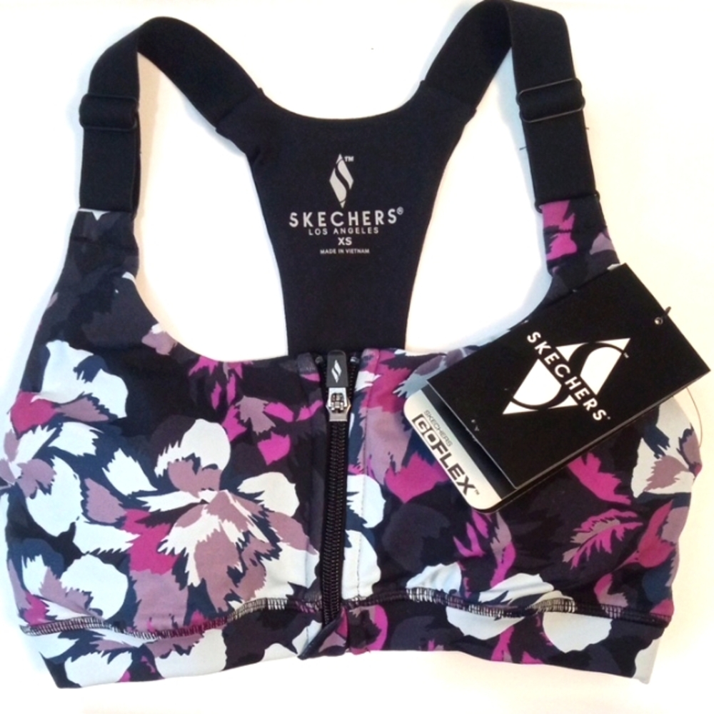 SKECHERS FLORAL ZIP FRONT SPORTS BRA SIZE XS NWT